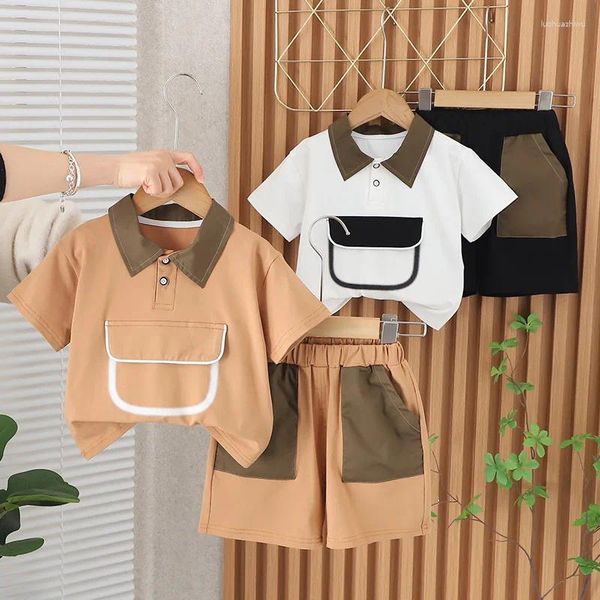 Roupas conjuntos de roupas meninos de manga curta Terno de verão Combinação casual de cor casual bolso de bolso de duas peças legal de duas peças