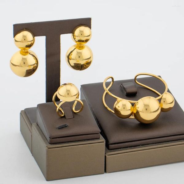 Halskette Ohrringe Set Gold Color Perlen Design Haken Schmuck für Party Afrikanische Dubai und Fingerring Engagement Geschenke