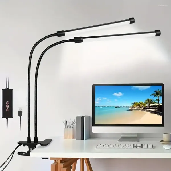 Tischlampen LED -Schreibtischlampe Doppel/Kopf -Lesung mit Clip -dimmbarer Helligkeit für Home Study Office Lighting PC Augenschutz