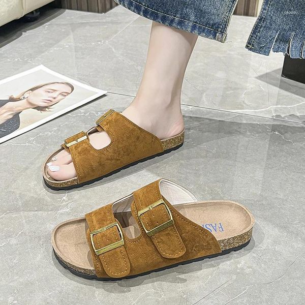 Hausschuhe Größe 35-42 Leder Frauen 2024 Sommer britischer Stil weicher Sohle Schnalle Frauen Flip Flops Strand Freizeitschuhe