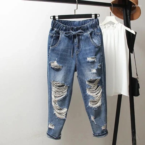 Frauen Jeans Sommer koreanische Mode Frauen elastische Taille Lose Jean Hosen Retro riss alles zusammengestellte lässige Denim Harem Hose weibliche Kleidung