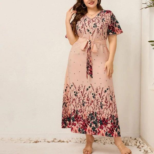 Plus -Size -Kleider 2024 Frauen Sommer langes Kleid gegen Hals kurzärmelig Blumendruck Boho Strand kurvige Frau Kleidung