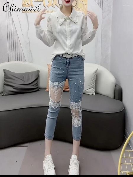 Frauen Jeans Fashion Stitching Spitze Perlen Denim Zigarettenhose Frauen 2024 Amoi hohe Taille Freizeitstrecke Slim Cropped gerade Beine