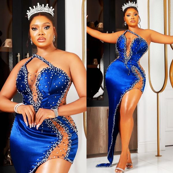 2024 Plus Size Prom Kleider für besondere Anlässe Promdress Royal Blue One Schulter Illusion Seite Split Perlen Birthday Party Kleid zweite Empfangskleider Am830