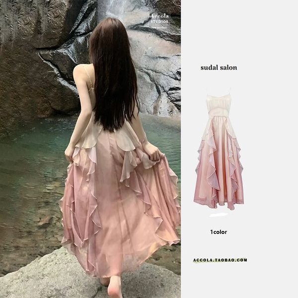 2024 Summer Nuova collezione a vita pura Cravatta in chiffon Tied Dyed Edge Fairy abito con cinghia sospeso da donna Abito artigianale pesante da donna