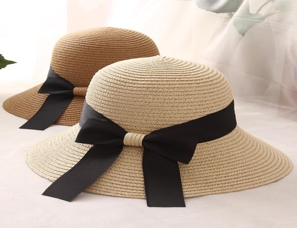 Summer Senhories Hat Hat Korean Bow Ribbon Fisherman Hat Beach Sun Tide Férias ao ar livre Proteção solar Capéu de palha wcw8419722574