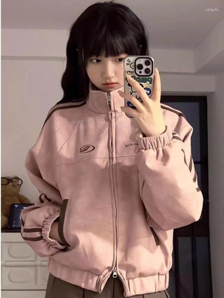 Frauenjacken koreanische Mode rosa Wildleder Ernte Frauen Frühling Y2K Streetwear Stand Kragen Reißverschluss Bomberschichten Vintage College -Stil Jacke