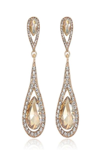 Designer de luxo Teardrop Champagne Crystal Drop Brincos para mulheres cor de ouro Dangler Earming Longo Jóias de casamento de noiva3916203