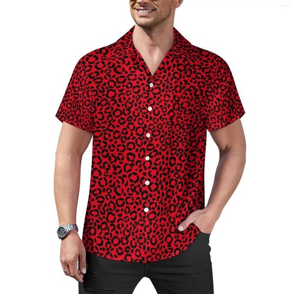 Camisas casuais masculinas Hawaiian Sexy Red Leopard Pontos para roupas de homem Vintage Y2K Summer Beach Street Style Plus Size Blouse