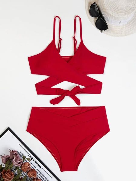 Menas de banho feminina tiras cruzadas de cintura alta biquínis 2024 Mulheres Sexy Red Swimsuit Push Up Bathing Suit Swimming Summer Beachwear