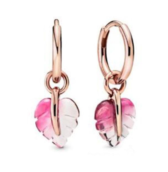 Murano Glass Hoop 100 925 Серьмы стерлингового серебряного серебряного розового розового листья