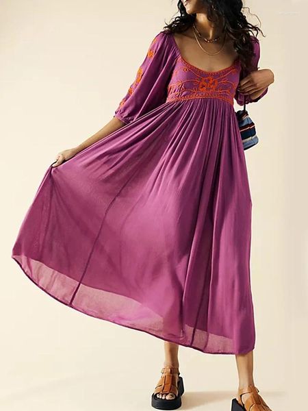 Abiti casual gypsylady boho ricamo floreale maxi abito cotone a-line estate mezza manica donna senza schienale vocatazione vintage ladies etnic