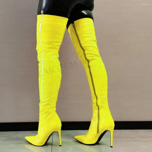 Bot neon renkler kadınlar diz üstü yüksek yan zip stiletto topuklar uzun boylu parlak paty bayan ayakkabıları kadın büyük boyut 40 43 47