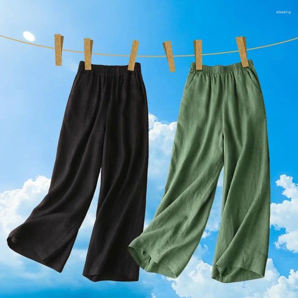 Calça feminina m-3xl 4Colors largura perna de perna larga cintura reta Tubo reto linho de algodão respirável Mulheres diárias de compras de compras de viagem desgaste