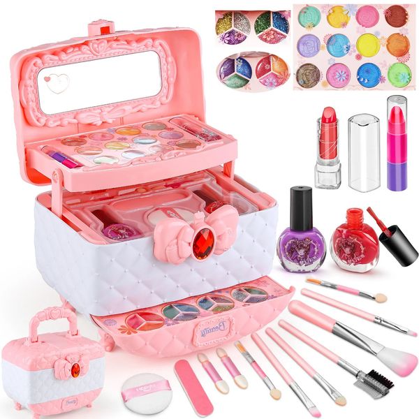 Kids Make -up Toy Kit für Mädchen Waschableer mit echtem kosmetischen Gehäuse Little Girl Trep Play Beauty B 240416