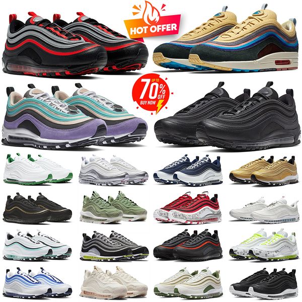 97 97S Running Shoes Men Mulheres Designer Sean Wotherspoon Logo Reflexivo Black Red Silver Futura Triple Black Mass Outdoor Sports Sneakers Trainers