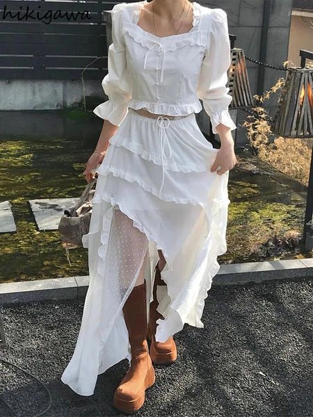 Saias Moda para Mulheres 2024 Faldas Mujer de Moda Jupe Jupe High Caist A-Line Sweet Saia Ruffles Irregular White Skirt 27W024