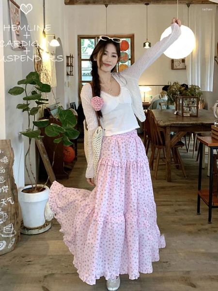 Röcke Süße rosa Blumenrock Frauen 2024 Frühlings Sommer Elastizier Taille Spliced Ruffled A-Line Long Korean Fashion Casual Casual