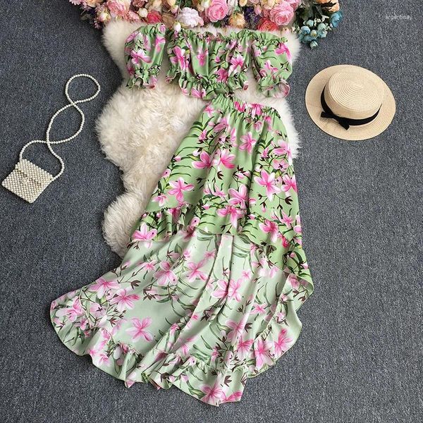 Abiti da lavoro 2 pezzi Set Women Outfits Fashion Sfumo Short Slash Neck Floral Stampa Floral Crops A-Line Elastic High Wasit Skirts Femme