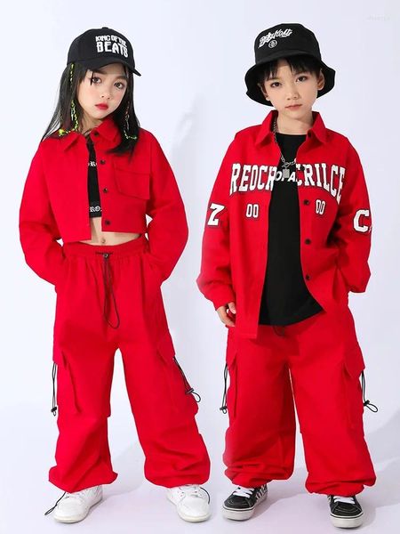 Stage Wear Kids Jazz Dance Costume Hip Hop Abbigliamento Girls Red Kpop Outfit Maniche lunghe pantaloni da carico Boys Abiti di strada rave bl9628