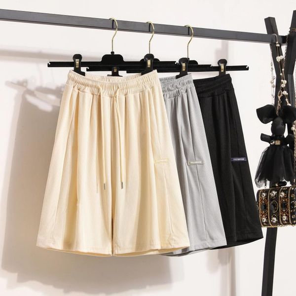 Shorts femininos de seda de seda gelo fino cintura grande calça intermediária reta de pernas largas de pernas largas capris