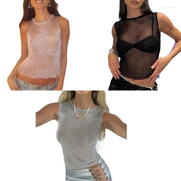 Serbatoi da donna Donne Sheer Mesh Glitter Crop Top Top Seeveveless Perspective T-shirt Magliette Vestinoso Clubwear Summer Clubwear Dropship