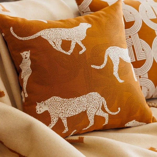 Caixa decorativa de cáqui marrom -travesseiro retro americano leopardo geométrico Jacquard Sofá Cadeira de cama de cama Coussin