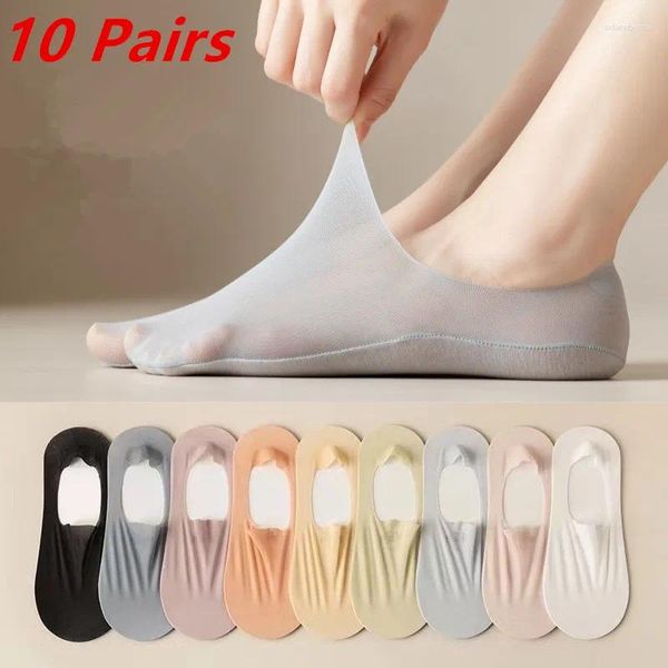 Kadın Çorap 10 Çift/Lot Kadın Ultra İnce Görünmez Tekne Yüksek Kaliteli Streç Buz İpek Pamuk Silik Silikon Slip Slip düşük kısa Sox