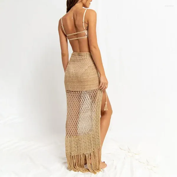 Saia de cintura elástica Praia Bohemian com Tassel Detalhe Coberturas de malha alta para mulheres Design Split da comprimento do chão