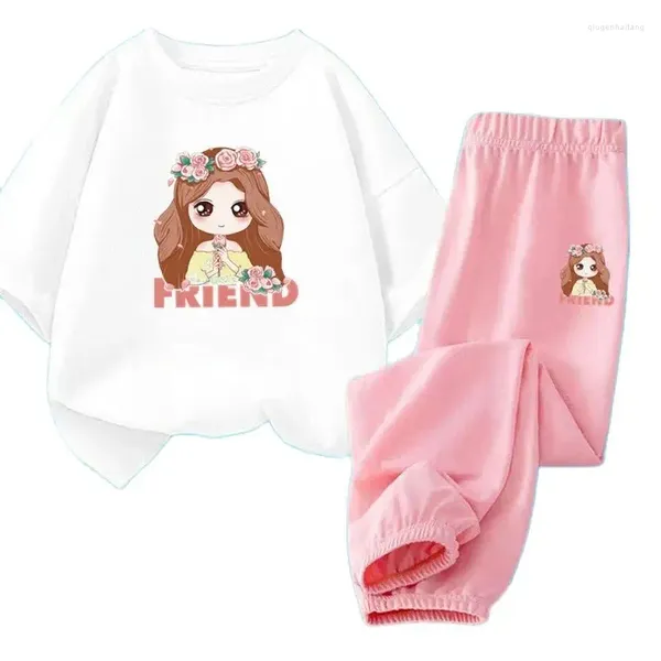 Set di abbigliamento abiti per bambini estate simpatico fiore stampare abito da cartone animato t-shirt a maniche corte e pantaloni da 2 pezzi