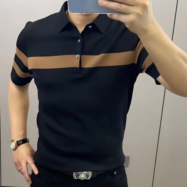 Summer Patchwork Polo Shirt Korean Trend Contrast Stripes Light Slim Casual Fashion Tshirt versatile a maniche corte 240430 240430