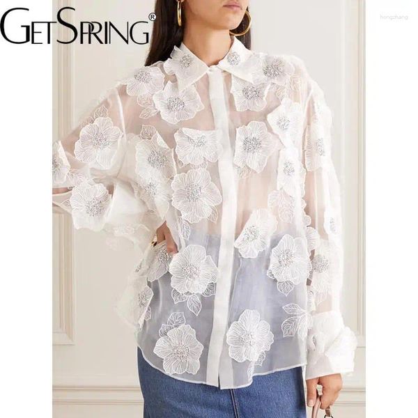 Bloups feminina Mulheres camisa 2024 Moda Trincadeira Flor Lantejous Organza Elegante Combine a blusa longa solta