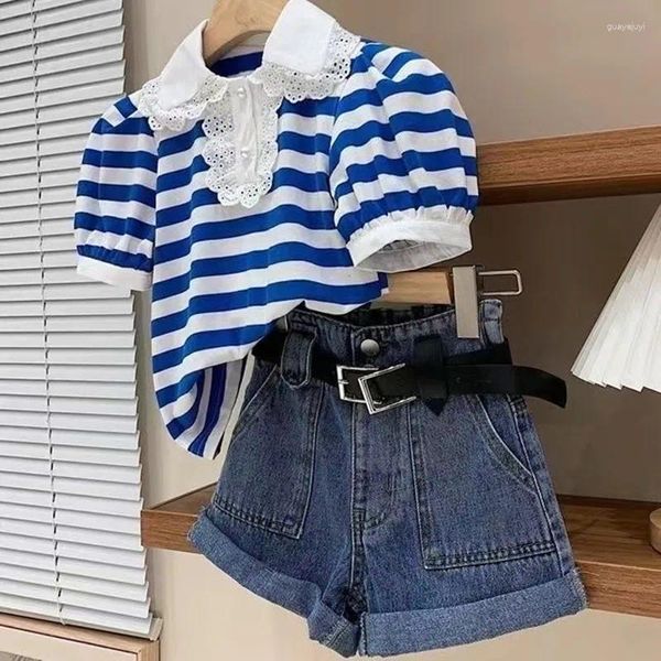 Kleidung Sets Girls 'Set 2024 Sommer Retro Bubble Sleeve Stripe Lace Edge Polo Hals kurze Jeans Shorts zweiteilige