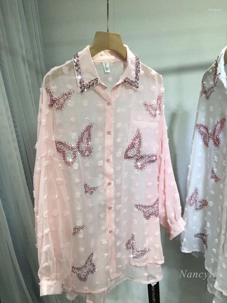 Bloups feminina estilo europeu Bordada pesada Blusa de perfuração leve Borbolefia Borbolefl Butterfy Pisos solto de verão de verão camisa