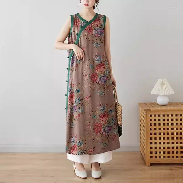 Lässige Kleider chinesischer Stil künstlerischer Retro -Baumwollgarn gedrucktes Kleid Nordosten großer Blumen mittelgroße ärmellose Weste Qipao K640