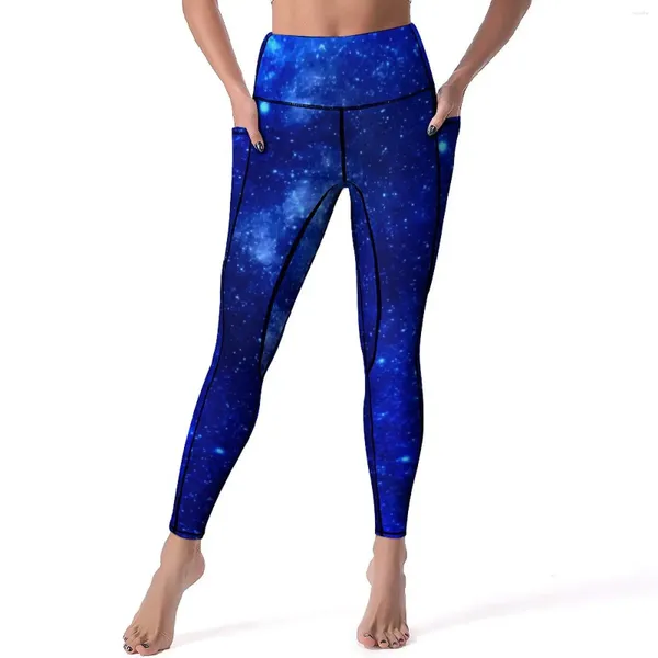 Leggings femininas azul galáxia céu sexy astronomia estampa de ioga com calças de ioga empurrar calças esportivas de esporte rápido