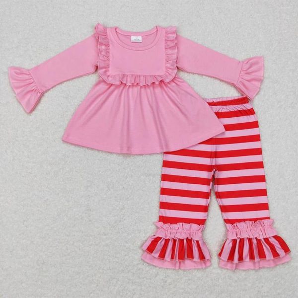 Kleidungssets Großhandel Western Boutique Outfits Baby Girls Kleidung Pink Spitze Langarm rot gestreifte Hosenanzug