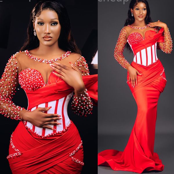 2024 ASO EBI rot Meerjungfrau Prom Kleid Perlen Satin Sheer Neck Abend formelle Party zweite Rezeption 50. Geburtstag Verlobungskleider Kleider Robe de Soiree ZJ327