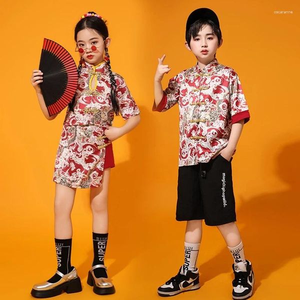 Stage Wear Boys Girls Kpop Hip Hop Clothes Kids Street Dance Outfit Fashion Show Runway Costume tang in stile cinese VDL239