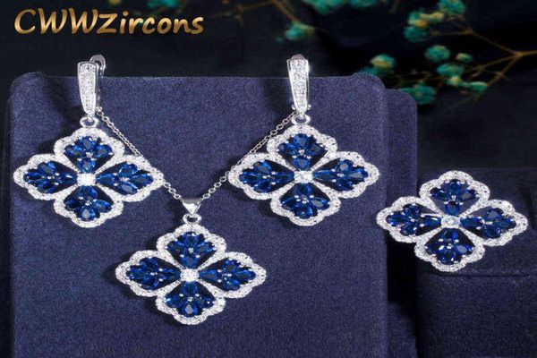 CWWZIRCONS Темно -синий кубический цирконий хрусталь Big Dangle Drpl Lucky Flower Leaf Serving Кольцо Кольцо Женщины шикарные ювелирные наборы T328 23679428