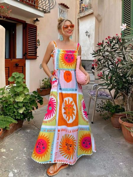 Modedrucke Maxi Kleid Frauen 2024 Sommer Cartoon Patch ärmellose Hosenteilkleid mit lächelndem Gesicht Spitze Design gedruckt großer Saumschlitz Urlaub Strandkleid