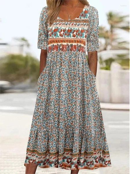 Vestidos casuais verão o-pescoço curto bohemian maxi vestido feminino impressão de flores feminina feminina vintage