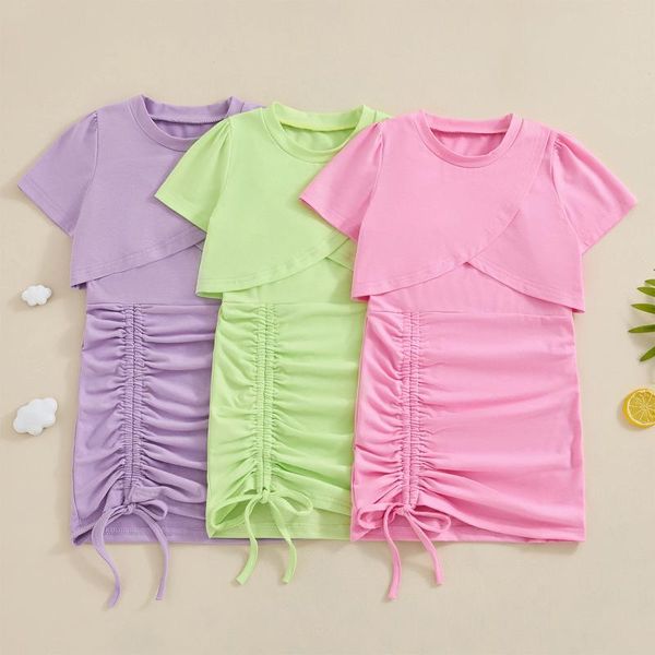 Set di abbigliamento Focus Norm 1-5y Girls Girls Summer Abiti 2 pezzi Solid Short Short-Shirt Drowtring Sleeveless Dress