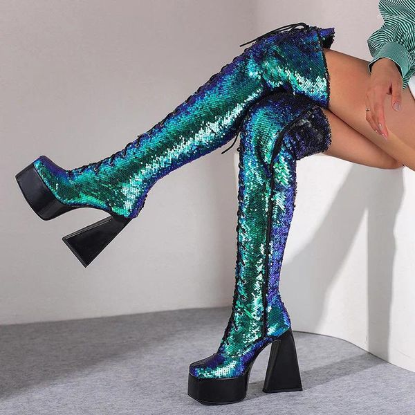 Stivali Ymechic Shinning Glitter Platform Tacchi tessuti sequestrati su ginocchio High Woman bling verde oro lungo cavaliere sexy scarpe sexy