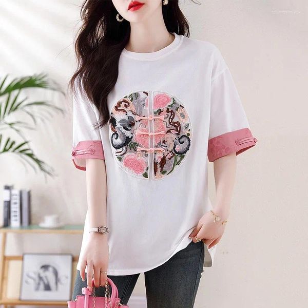 Damen T-Shirts Chinesischer T-Shirt Sommersticke Vintage Tees Kurzarm Lose Frauen Tops Baumwolle O-Neck Kleidung Ycmyunyan