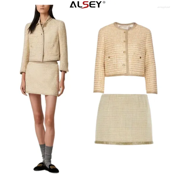 Vestidos de trabalho Alsey Golden Silk Twoven Tweed Fabric 2 Peça Jaqueta redonda Casa curta Moda saia