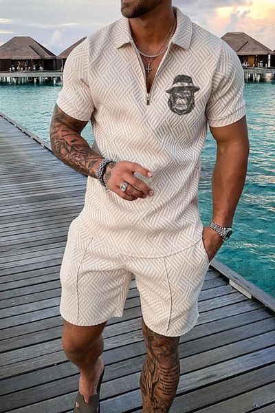 Summer Mens Luxury Polo Shorts Shorts Suit Fashion Trend Trend Tend 2 Piece Vintage Tiger Print Set Set мужская повседневная одежда 240422