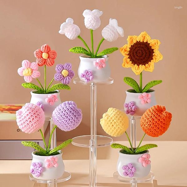 Flores decorativas de girassol de girassol de girassol com galho de flor com maconha de crochê de casamento de natal decoração de decoração vaso de pó