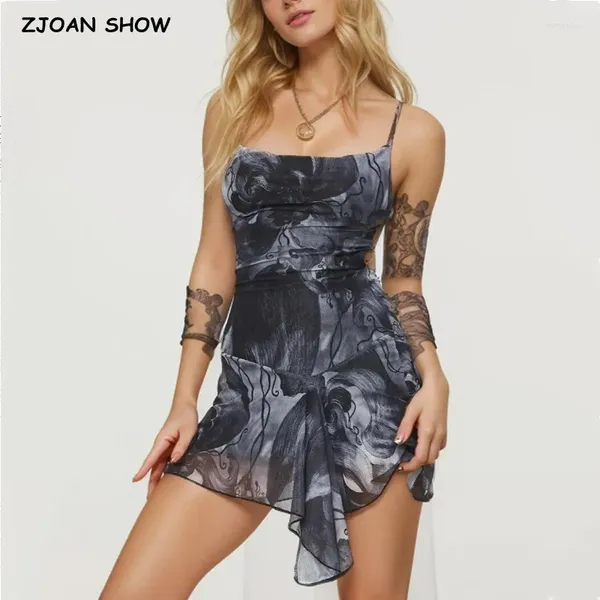 Vestidos casuais 2024 Sexy Gray Black Tie-Dye Impressão Irregular Mesh Sling Dress Women Women Corset Style Cross Lacing Up Bandage Backless Robe