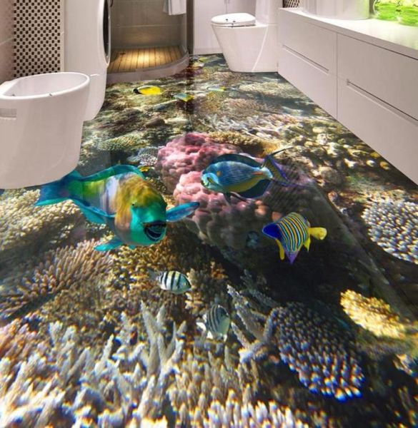 3 -й напольной настил водонепроницаемые обои для ванной комнаты для ванной комнаты коралловая тропическая рыба 3D на этажа